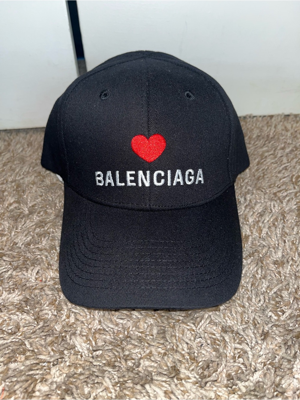 Balenciaga Black Baseball Cap with Red Heart Embroidery